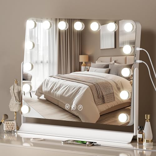 Hollywood Vanity Mirror with LED Lights - 60×53cm Lighted Tabletop Makeup Mirror with 15 Dimmable Bulbs 3 Color Modes & 360 Rotation Touch Control Memory Function Gift Ready for Women & Girls