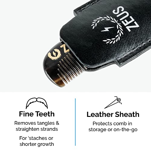 Zeus Horn Mustache Comb For Men, Leather Case, B41 #TOP2