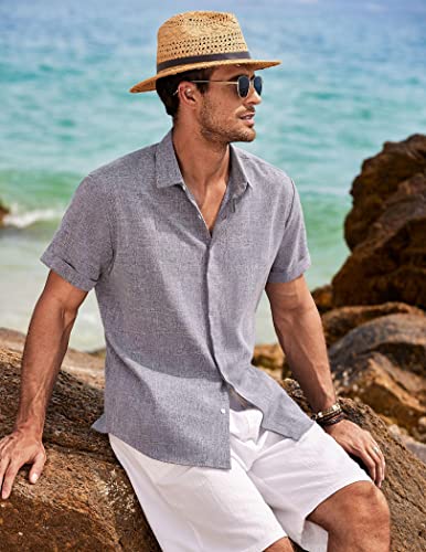 Coofandy Men'S Casual Shirts Button Down Linen Shirt Short Sleeve Cotton Linen Shirts For Men Summer Beach Yoga T Shirts Dark Blue Grey thumb #3