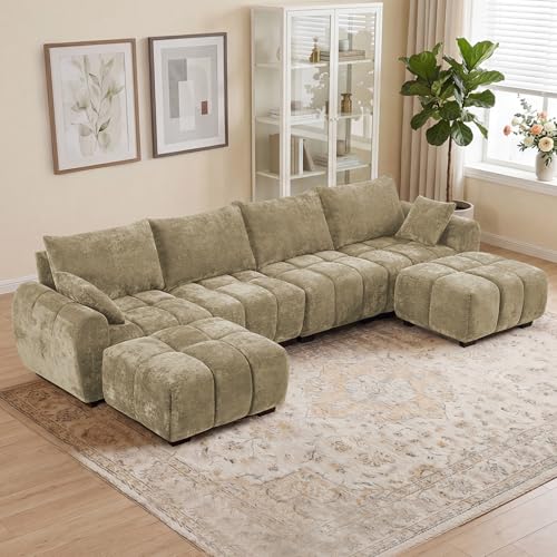 Image of 143 inch Oversized U Shaped Cloud Modular Sectional Sofa, Modern Chenille Upholstered 6 Seater Couch with 2 Removable Ottomans, Tufted Deep Seat & Wood Legs, Large Brown Sectional Couches for Living Room