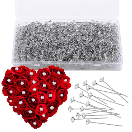 ZXIIXZ 1000 Pcs Diamond Boutonniere Pins 1.5 Inch Flower Pins Straight Pins Diamond Rhinestones Head Corsage for Bouquets Boutonniere Pins for Flower Bouquets for Wedding DIY Decoration