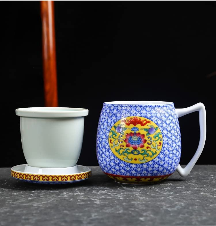Tazza da tè in ceramica Tazza da tè con coperchio Tazze da viaggio con manici Tazza con coperchio Tazza grande in ceramica Tazze grandi con manico Tazza con infusore per il tè (Cinque benedizioni a