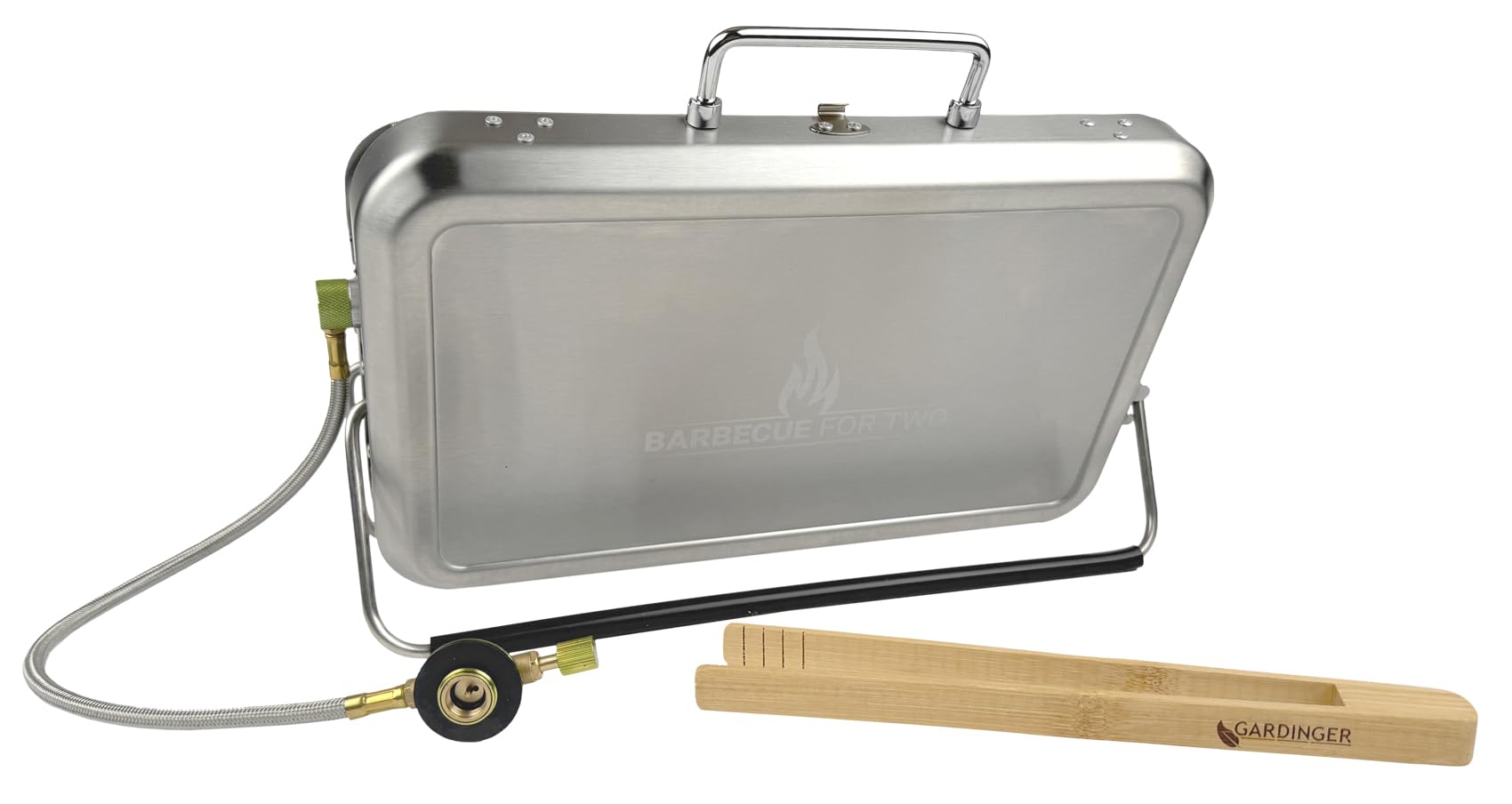 GARDINGER BBQ 42 mobiler Koffergrill aus Edelstahl für Gaskartuschen Holzkohle | Klappbarer Camping-Grill für Picknick Outdoor mit Grillzange | 31x20x7 cm