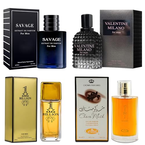 AFLUXE 4-Piece Cologne for Men Includes Choco Musk/Savage Ext/1 Billion/Valentine Milano of Woody, Spicy, Citrus & Aromatic eau de parfum for Men