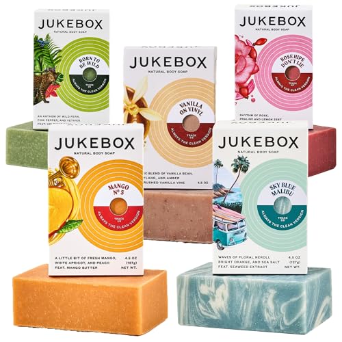JUKEBOX Natural Bar Soap Mango No. 5! Sky Blue Malibu Vanilla on Vinyl Born To Be Wild & Rose Hips Dont Lie Cold Process Bath Soap No Harmful Ingredients All Skin Types-by Dr. Squatch-4.5oz 5 Pk