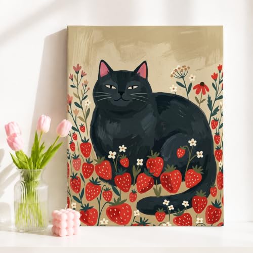 Lienzo de gato y fresas para decorar tu oficina en casa y crear un ambiente muy acogedor