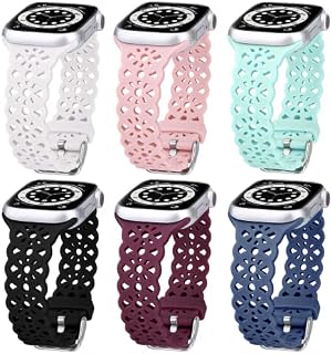 V-MORO 6 Pack Straps Compatible with Apple Watch Strap 38mm 40mm 41mm for Women, Lace Silicone Sport Straps for Apple Watch SE/iWatch Series 8 7 6 5 4 3 2 1,Black/White/Rosepink/Wine/PineGreen/Blue