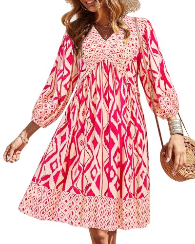 Image of BTFBM Women Casual Spring Summer Dresses V Neck 3 /4 Long Sleeve Ruffle Floral Flowy Boho Babydoll Mini Short Beach Dress