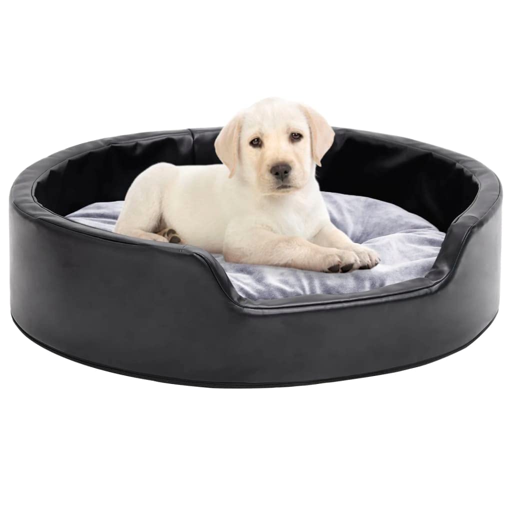 Hundebett Schwarz-Grau 69x59x19 cm Kuschelbett aus Plüsch und Kunstleder mit Rutschfester Unterseite, waschbar, geeignet als Liegeplatz für Hunde und Katzen, ideal für Zuhause und unterwegs