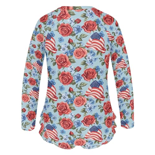 July 4th American Flag Rose Girls Long Sleeve Rashguard Swimsuit UV Protection One-Piece Swimwear B04046013