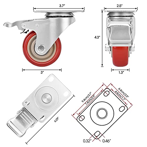 3 Inch Industrial Heavy Duty Swivel Caster Wheels with Brake,Set of 4 Safety Locking Casters,Load 1600lbs,Premium Polyurethane Wheels for Table, Trailer, Saw Table, Stage Toolbox, Bed, Corn Board