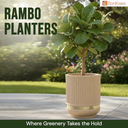 Image of BonKaso 14 Inch Tower Plant Pot for Indoor & Outdoor | Modern Lightweight Polymer Planter | Weather, UV & Frost Resistant | Ideal for Living Room, Balcony, Office & Nursery (Beige)