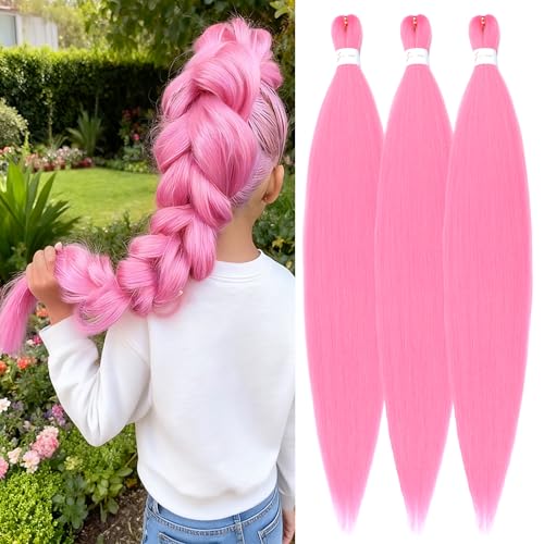 Pink Braiding Hair Extensions 16 Inch Pre stretched Braiding Hair Hot Water Setting Synthetic Hair 3 Pack Pink