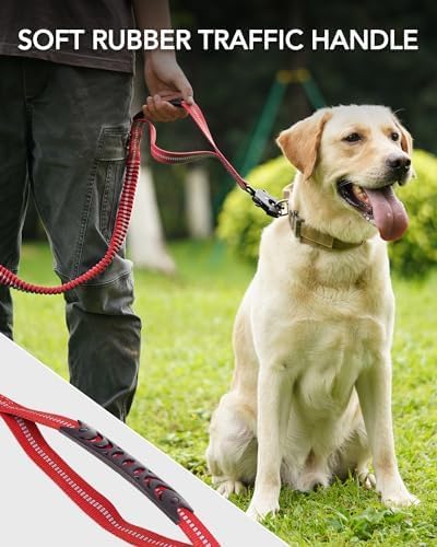 Joytale Tactical Dog Leash Heavy Duty, 4-6FT Shock Absorbing Bungee Lead with 2 Padded Handle, Metal Carabiner Clip, Car Seatbelt, Strong No Pull Leash for Medium Large X-Large Dogs, Red - Image 4