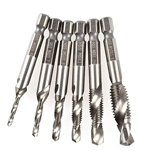 LALANG 1/4'' Hex HSS High Speed Steel Thread Spiral Screw M3 M4 M5 M6 M8 M10 Metric Composite Tap Drill Bit Tap 6pcs/Set