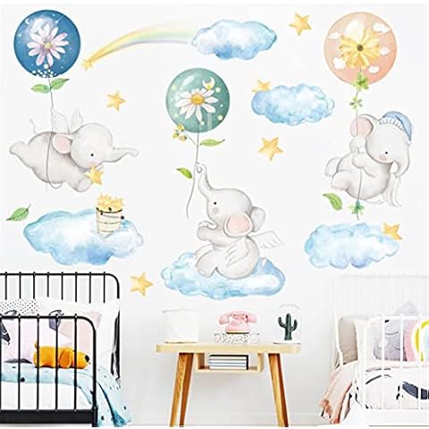 Cute Elephant Cartoon Wall Stickers, Removable Colorful Balloon Butterfly Star Cloud DIY Art Decal, Large Size Watercolor PVC Wall Stickers Home Wall Decoration for Living Room Kid Bedroom Nursery (B) Cover