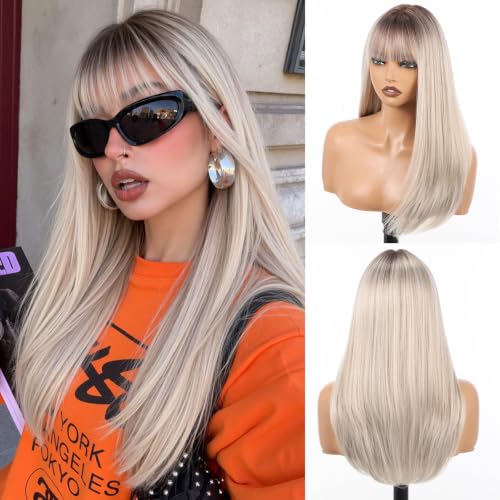 HAIRCUBE Ombre Platinum Blonde Wigs for Women 20 Inch Long Straight Layered Hair with Bangs Heat Resistant Fiber Synthetic Wigs Daily Natural looking