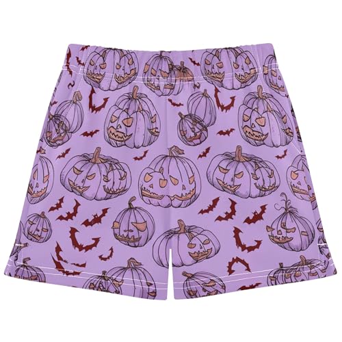 Girls Halloween Pumpkin Print Athletic Shorts Kids Comfy Sleep Pajama Shorts Purple Funny Cute Pattern, X-Small