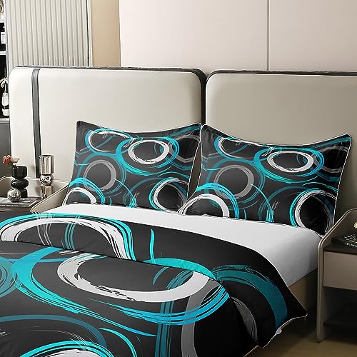 Geometric Cotton Duvet Cover for Kids Boys Girls,Mid Century Swirl Circle Bedding Set Super King,Watercolor Ombre Comforter Cover,Abstract Art Bed Sets with 2 Pillowcases,Teal Black White - Image 4