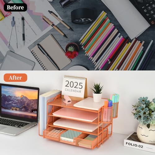 Image of gianotter Paper Letter Tray Organizer with File Holder, 4-Tier Desk Accessories & Workspace Desk Organizers with Drawer and 2 Pen Holder for Office Supplies (Orange)