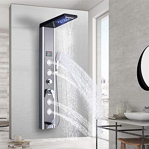 Panel de ducha LED para baño, columna de ducha con pantalla digital, chorro cascada y lluvia, acabado cepillado en negro y níquel miniatura 1