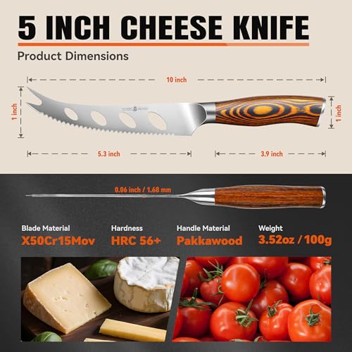 TUO Cheese Knife, Ultra Sharp Serrated Tomato Knife 5.5 Inch, German High Carbon Stainless Steel Blade with Full Tang Pakkawood Handle, Gift Box-Fiery Phoenix Series - Image 3