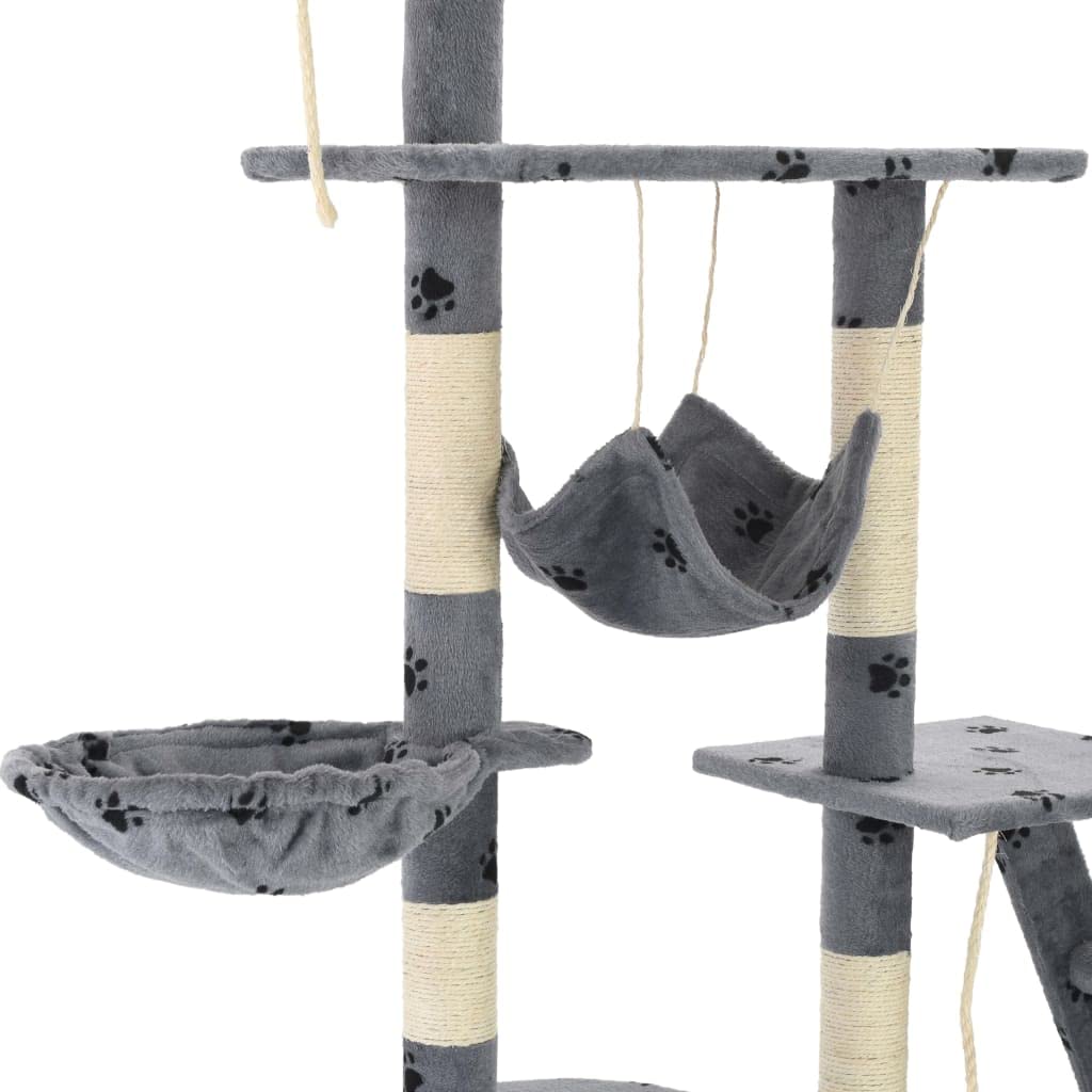 Katzen-Kratzbaum Sisal mit Pfoten-Aufdruck grau 230-250 cm höhe stabil kompakt modern mit plüsch bezogenem Rahmen und Klettermöglichkeiten für Wohnung und Katzenzubehör