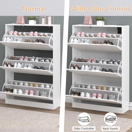 Shoe Cabinet with Odor Control and Back Panels, Deodorizing Slim 3-Flip Shoe Storage Cabinet for Entryway, Freestanding Hidden Shoe Rack Organizer for Entrance, Hallway, Bedroom