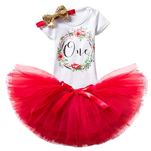 NNJXD Mädchen Newborn Crown Tutu 1. Geburtstag 3 Stück Blume Outfits Strampler + Rock + Stirnband Größe 1 Jahre Rot