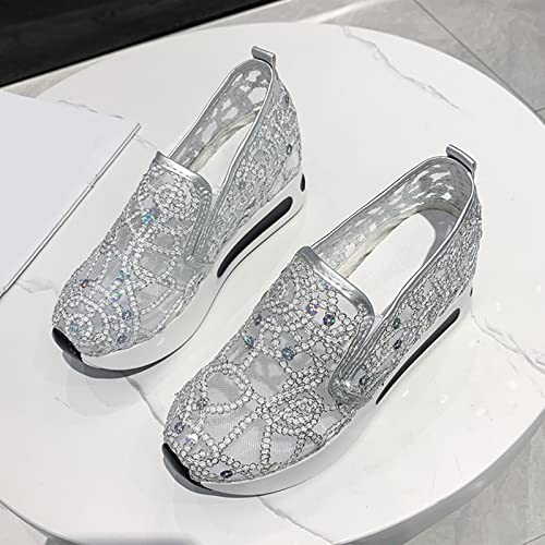 Platform Wedge Sneakers for Women 2025 Fashion Embroidery Floral Mesh Breathable Chunky Wedge Flatform High Heels Slip On Sneakers Comfortable Non-Slip Walking Tennis Jogging Shoes3