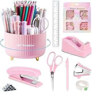 Pink Desk Accessories, Pink Office Supplies 360°P...