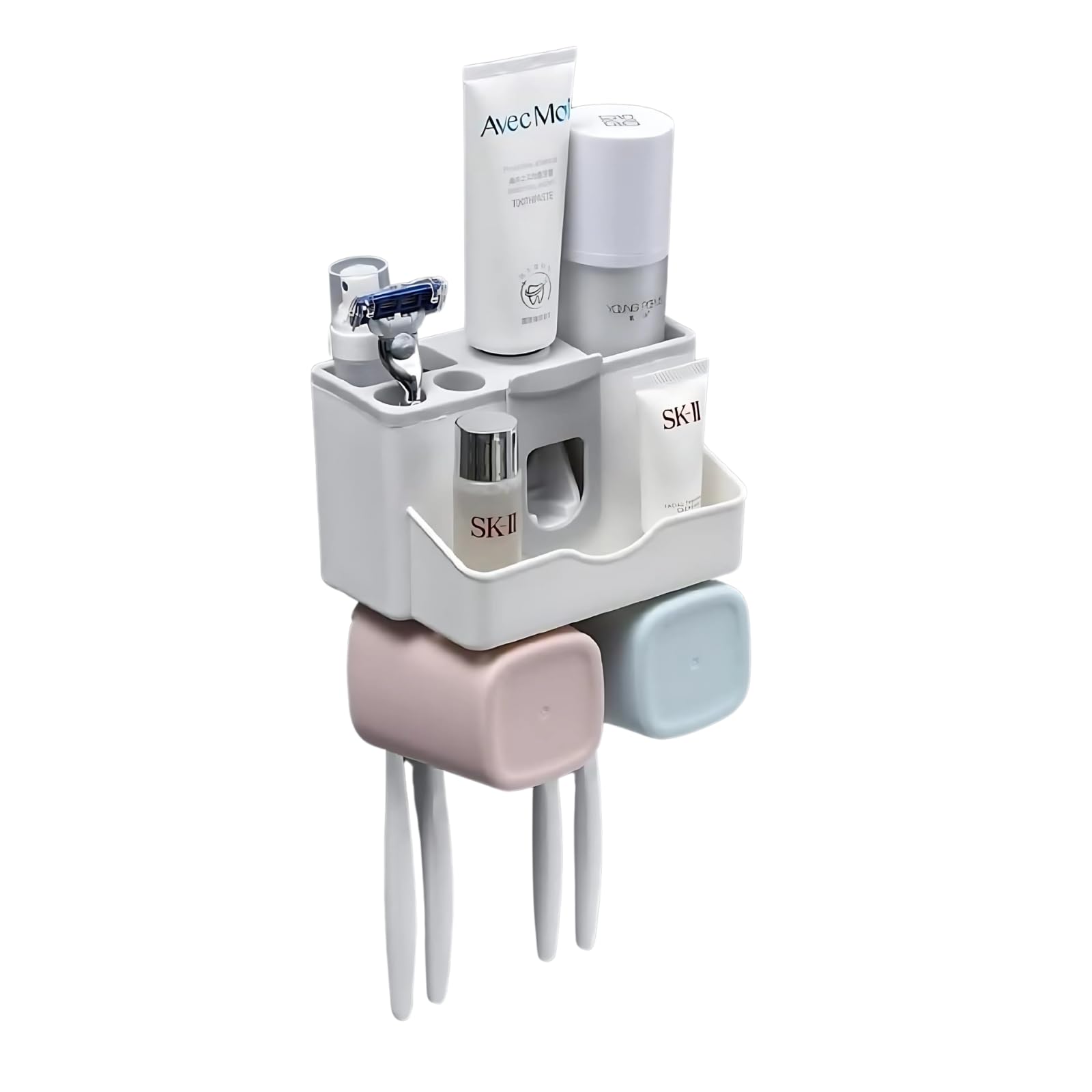 Plastic Toothbrush Holder Wall Mounted, Toothbrush Holders for Bathroom, Toothpaste Dispenser with 4 Toothbrush Holder Hook (2Cup), White