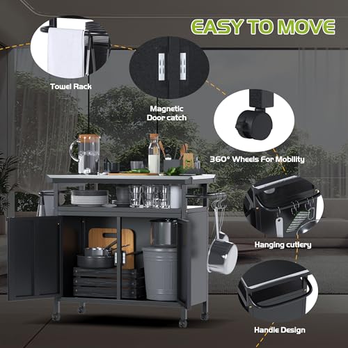 LOCENHU Outdoor Grill Cart with Storage on Wheels - 32 \"H Outdoor Grill Table,Stainless Steel Top,Black (Hooks Not Included) - Thumbnail 4