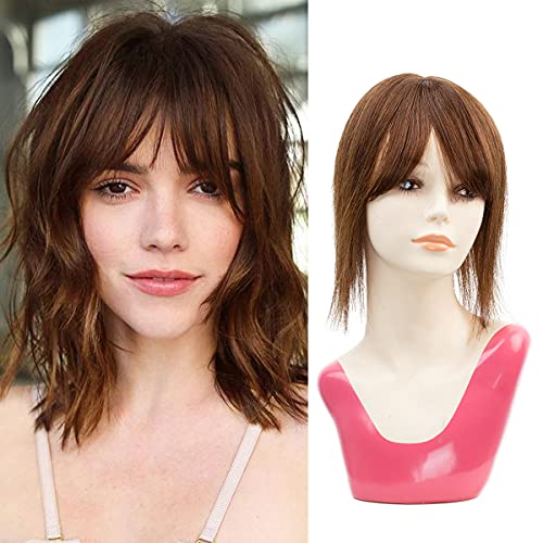 Isheeny Human Hair Toppers with Bangs for Women Clip In Crown Hairpiece Used to Cover Woman's Head Thinning Hair 12" Medium Brown