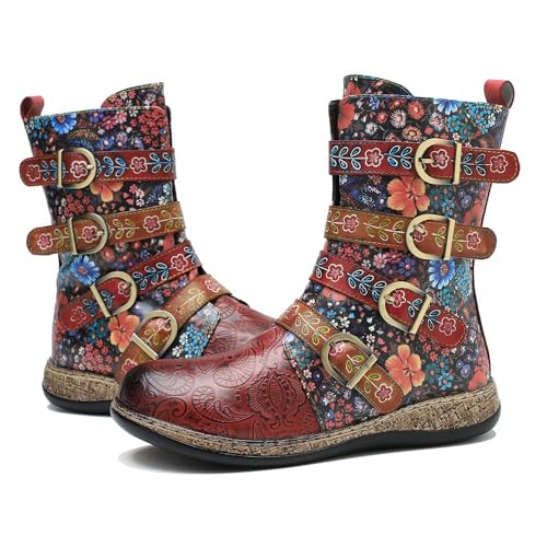 Socofy Leather Mid Calf Boots Autumn Winter Ankle Boots for Women, Riding Boots Vintage Side Zipper Short Boots Bohemian Floral Pattern Boots Outdoor Round Toe Flat Casual Antil Slip Comfort Walking