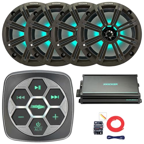 Marine Bluetooth 3-Zone Controller, 4X 8 300W Max Power RGB LED Boat Audio Speakers, 4X 8 Grille Speakers, 4-Channel 90 Watts x 4 Full-Range Amplifier, 8 Gauge Amp Wiring Kit