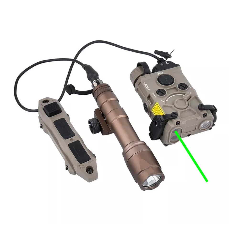 Nylon 0G Box Aiming Laser Sights(with IR + Red/Green/Blue Laser + White Flashlight),& M600C Strong LED Flashlight,& Modular Dual Wire Remote Pressure Switch(SF+Crane Plug) Combo,Tan (Green Laser)