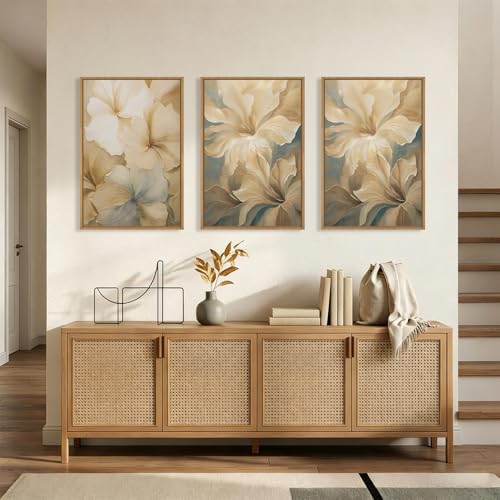Image of KAIRNE Neutral Beige Flower Framed Canvas Wall Art Set, Modern Magnolia Floral Wall Decor,Aesthetic Warm Wildflower Art Prints,Boho Botanical Artwork for Living Room,Bedroom,Farmhouse,Office-24 inchx36 inchx3