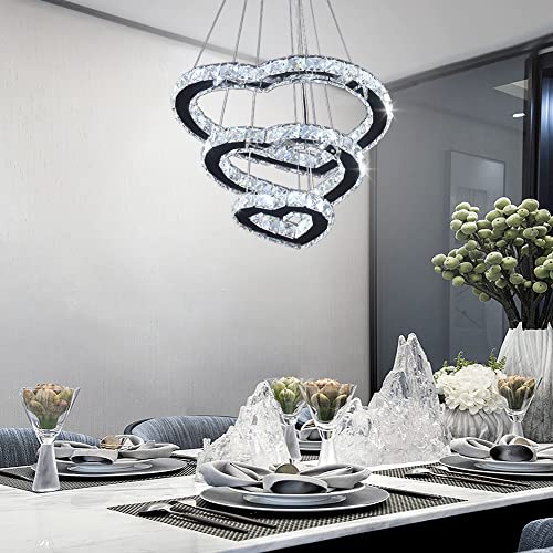 Winretro Modern 3 Ring Crystal Heart Chandelier Light Fixture Led Pendant Lighting Stainless Steel Chrome Chandeliers Ceiling Hanging Lights For Living Room Dinning Room Kitchen Bedroom(Cool White) #TOP1