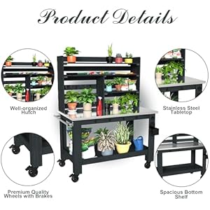 Gdlf potting bench table large outdoor kitchen island prep station with stainless steel top waterproof cover hardwood 669 h  urban country home decor