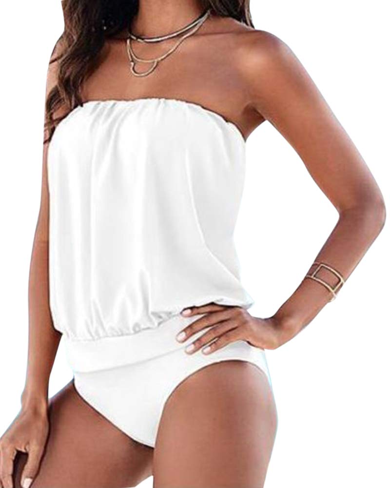 Women One Piece Swimsuit Bandeau Bikini Swimwear Strapless Swimming Costume White M