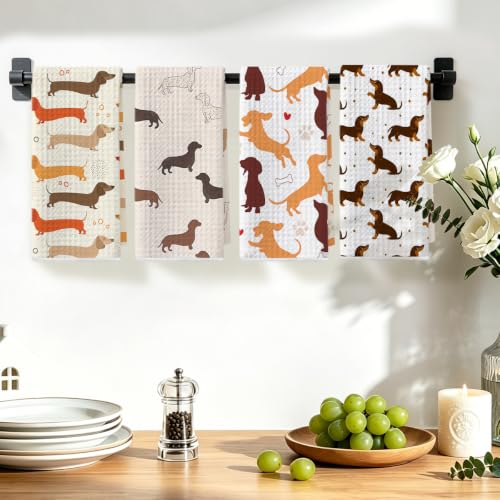 Image of 4 Pcs Cute Dachshund Kitchen Towels, Dachshund Gifts Reusable Dish Towels 4