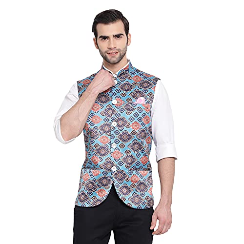 Image of VASTRAMAY Mens Silk Blend Nehru Jacket - Timeless Style & Versatility | Digital Floral Printed Ethnic Sleeveless Coat for Formal & Casual Wear