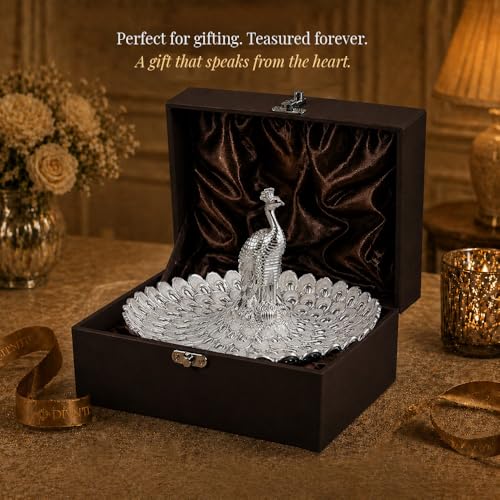 Image of Diviniti German Silver Peacock Decorative Tray for Home Decor | Luxury Dry Fruit & Sweet Serving Platter with Silver Feather Design | Premium Decorative Gift Hamper Plate with Elegant Gift Box