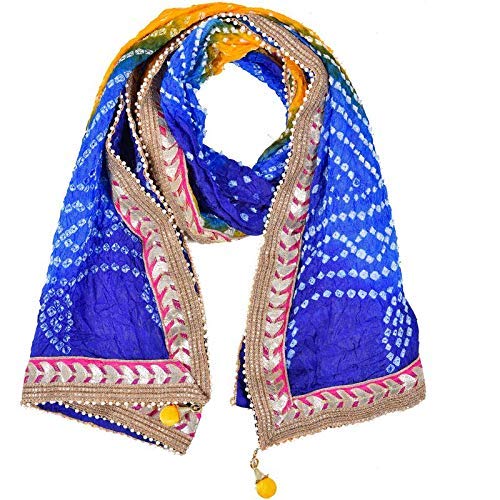 FashtasticWomen's Silk Jaipuri Rajasthani Bandhani Bandhej Heavy Dupatta with Gota Work and Latkan