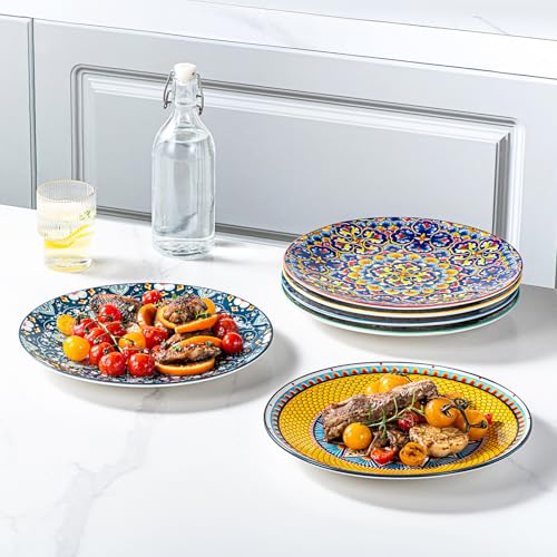 HENXFEN LEAD Dinner Plates Porcelain, 27 cm Salad Plates Coloured Breakfast Plates, 6 Piece Large Round Plate Set with Pattern and Colourful - Bohemian Style - Image 3