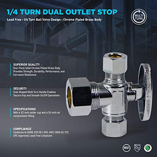Image of Midline Valve 86358QS-OM-5 Water Supply Angle Stop Valve; Dual Outlet; Quarter Turn Wheel; for Toilet, Sink, Dishwasher; 5 /8'' x 3 /8'' x 3 /8'' Compression; Chrome Plated Brass (5 PK)