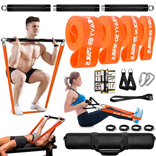 DASKING Resistance Bands Set with 75cm Detachable Exercise Bar, 4 Different Level Pull Up Bands - Fitness Workout Bars Kit for Strength Training, Pilates, Yoga - Home Gym Sports System Equipment