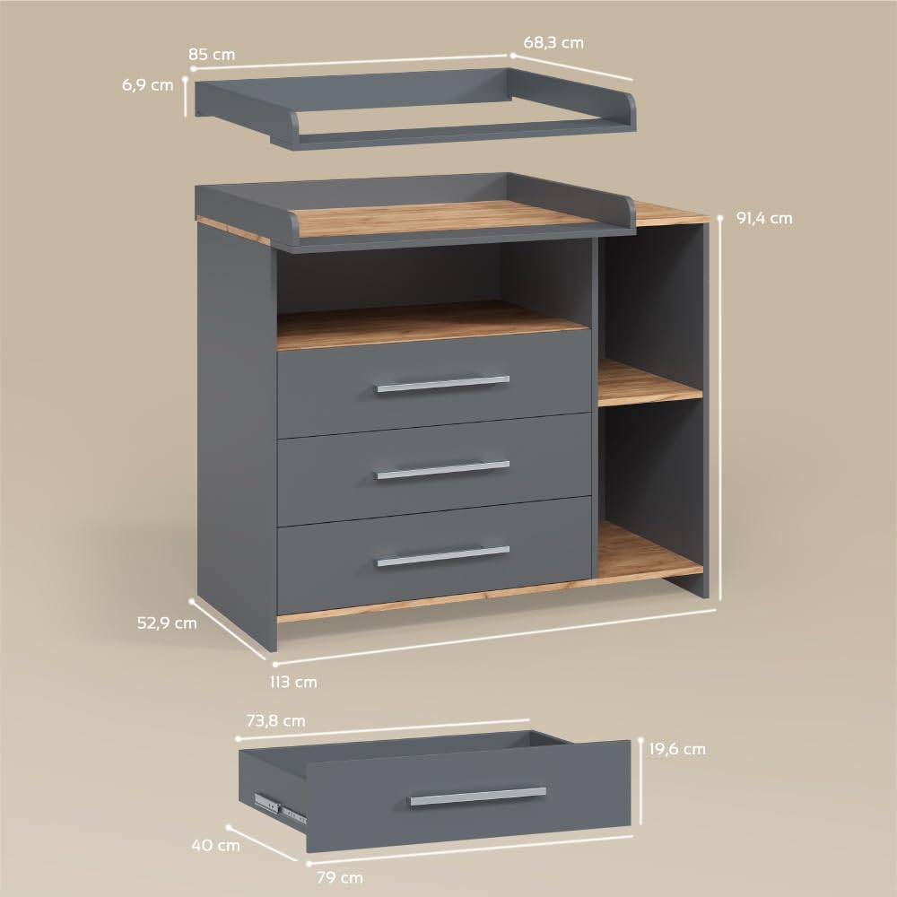 Livinity Fasciatoio Torino, Antracite/Rovere dorato, con 3 cassetti