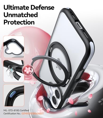 Image of TORRAS Upgraded 360Rotatable Magnetic Ring for iPhone 16 Case, Fit for Wireless Charging with Stand & Ring Holder, 16FT Mil-Grade Shockproof, Protective Kickstand, Translucent,Ostand R Fusion, Black